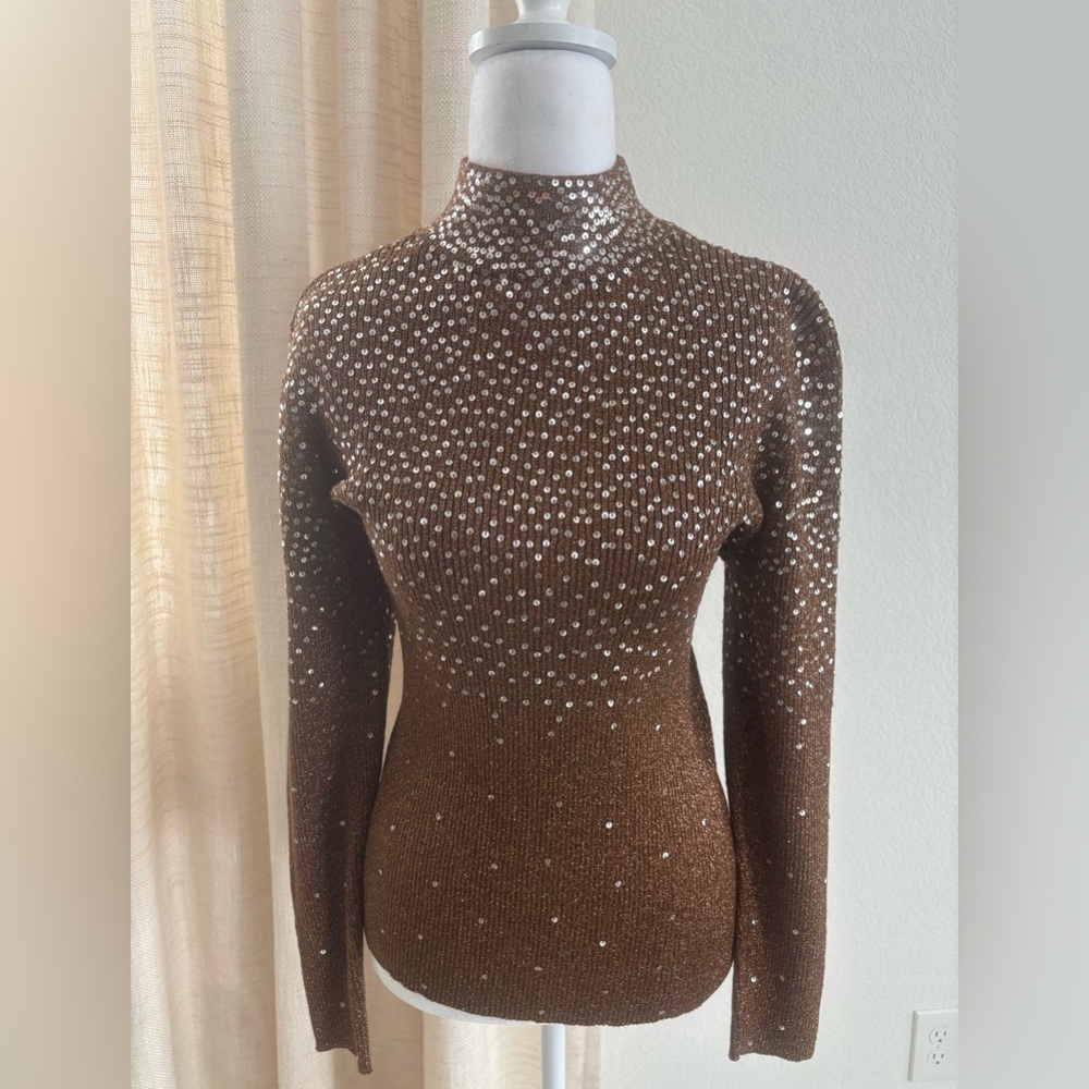 Elegant Brown Sequin Turtleneck Sweater
